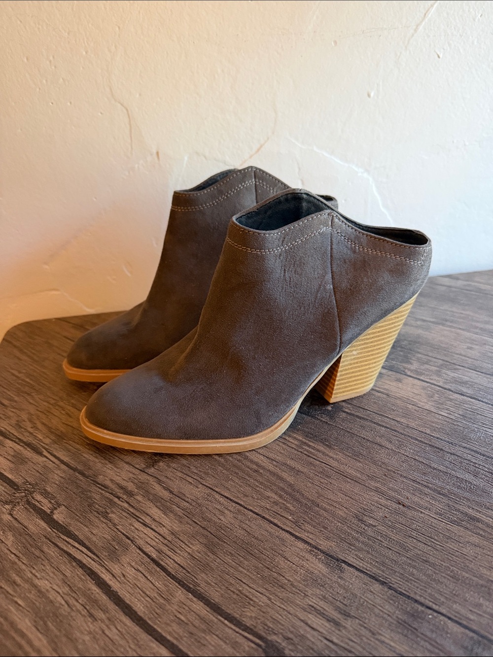 Dolce Vita Gray Suede Mule Booties with Stacked Wood Heel